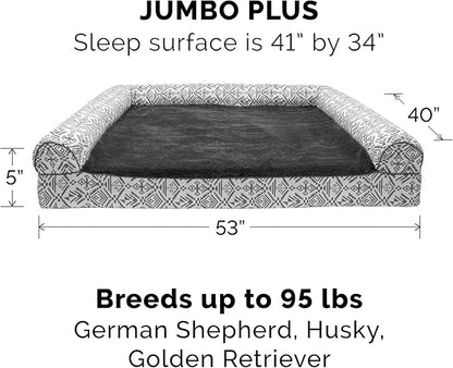 Furhaven Orthopedic Dog Bed for Large Dogs w/ Removable Bolsters &amp; Washable Cover, For Dogs Up to 125 lbs - Plush &amp; Southwest Kilim Woven Decor Sofa - Boulder Gray, Jumbo Plus/XXL