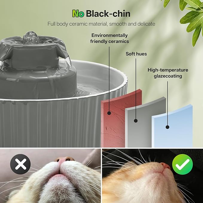 Ceramic Cat Water Fountain, 2.1L/70oz Porcelain Pet Drinking Dispenser with 4 Set Replacement Filter &amp; Sponge, Automatic Dog Water Bowl with Ultra-Quiet Pump, Cat Feeding Watering Supplies(Grey)