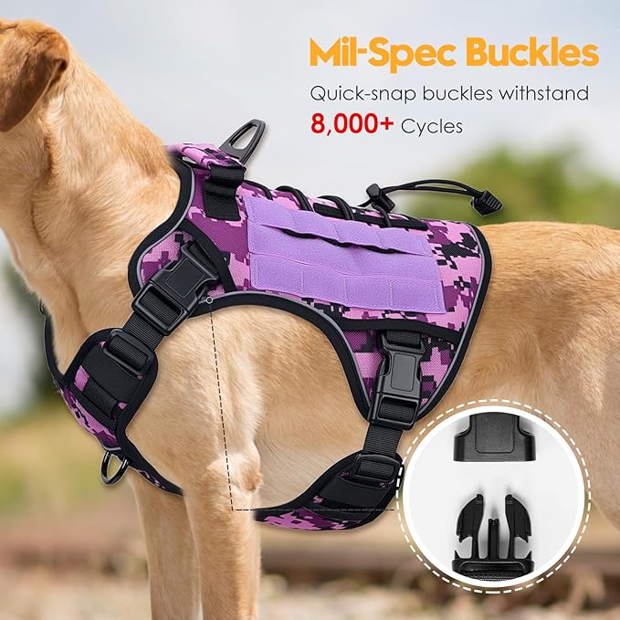 Heavy-Duty Tactical Dog Harness for Large Dogs, No Pull Adjustable Reflective Pet Vest with Molle System, K9 Military-Grade Control for Service Training, Outdoor &amp; 10+ Breeds, Purple Camo, XX-Large