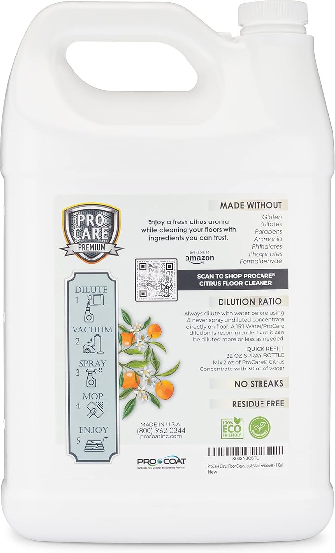 ProCare Citrus Floor Cleaner Concentrate (Made in USA) | Vinyl, Wood, Tile, Stone &amp; Laminate Floor Cleaner For Mopping, Household Supplies, Cleaning Solution For Kitchen &amp; Bathroom - 1 Gallon