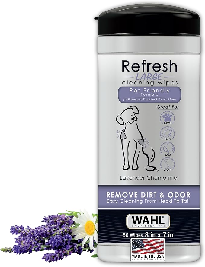 Wahl USA Pet Refresh Lavender Cleaning Wipes for All Dog Breeds - Use on Ears, Nose, Paws, Bottom, &amp; Sensitive Areas - 50 Wipes - 820018A