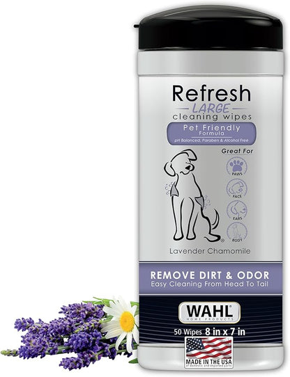 Wahl USA Pet Refresh Lavender Cleaning Wipes for All Dog Breeds - Use on Ears, Nose, Paws, Bottom, &amp; Sensitive Areas - 50 Wipes - 820018A