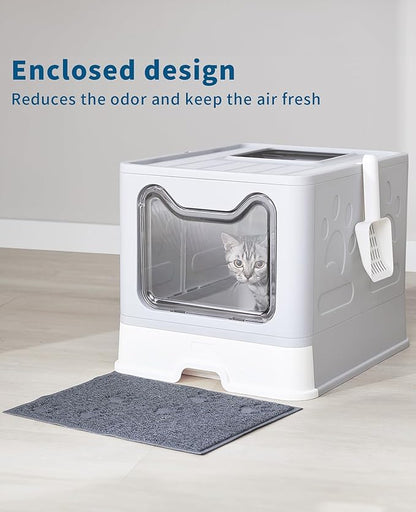 Cat Litter Box with Litter Mat and Scoop, Large Foldable Litter Box with Lid, Front Entry Top Exit Kitty Box, Odor Control, Easy to Clean (Grey)