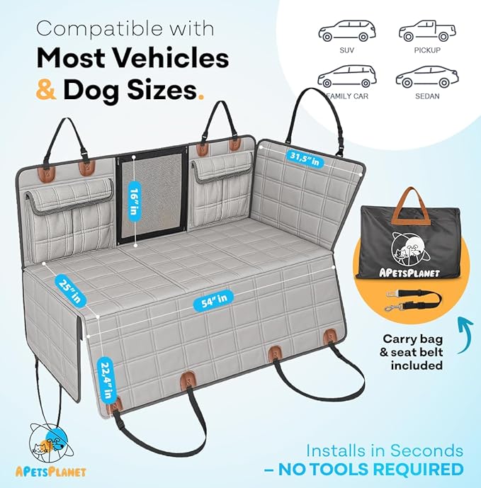 APetsPlanet Dog Car Seat Cover for Back Seat Hard Bottom - Waterproof Backseat Extender for Dogs - Pet Hammock Bed for Car, Truck, SUV with Mesh Window &amp; Storage - Gray Leather, with Door Covers