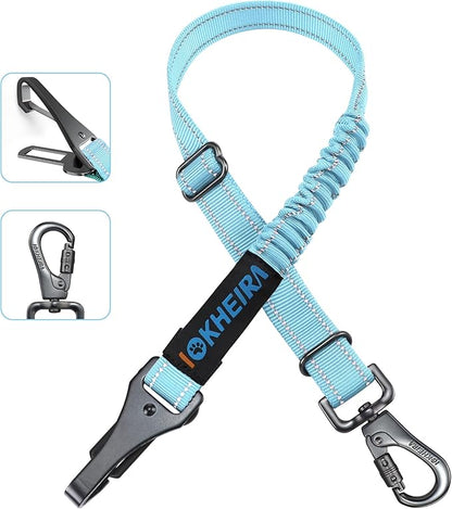 Dog Seat Belt 3-in-1 Car Harness for Dogs Adjustable Safety Seatbelt for Car Nylon Reflective Bungee Fabric Dog Car Harness with Clip Hook Latch &amp; Buckle, Swivel Zinc Alloy Carabiner (Light Blue)