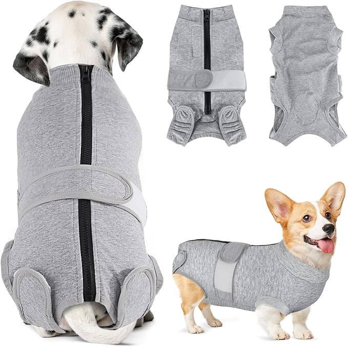Lukovee Recovery Suit for Dogs - Zipper On Onesie for Female &amp; Male Dogs, Abdominal Wounds Cone E-Collar Alternative, Prevent Licking - Spay Recovery Suit (Grey, XL)