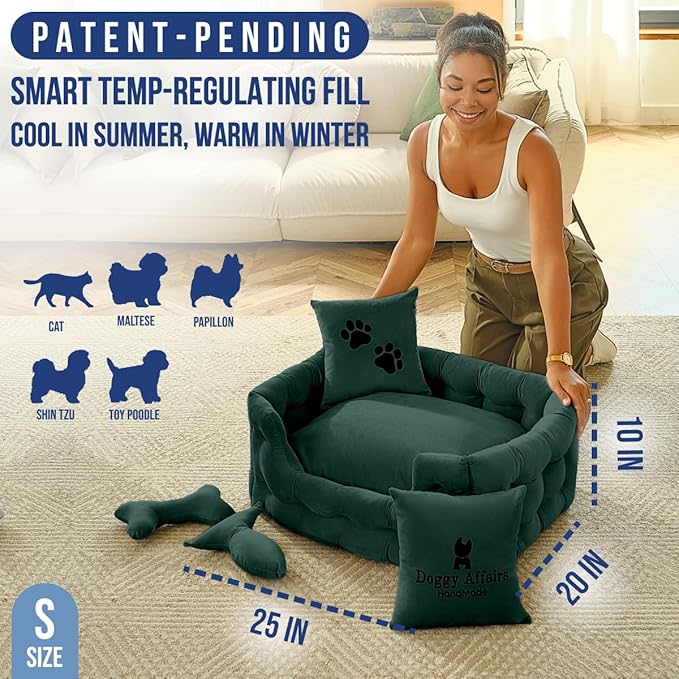 Luxury Cat and Dog Bed Chesterfield – Handcrafted Velvet Throne for Dogs | Joint Support, Calming &amp; Temp-Regulating Comfort | Durable 5+ Years, Anti-Claw, Washable 100+ Times – S, Green