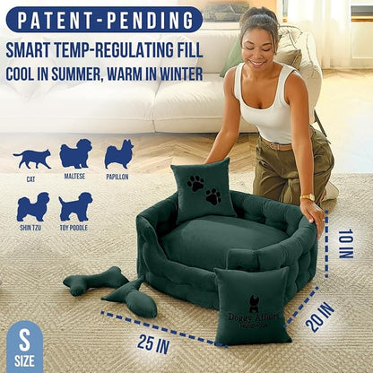 Luxury Cat and Dog Bed Chesterfield – Handcrafted Velvet Throne for Dogs | Joint Support, Calming &amp; Temp-Regulating Comfort | Durable 5+ Years, Anti-Claw, Washable 100+ Times – S, Green