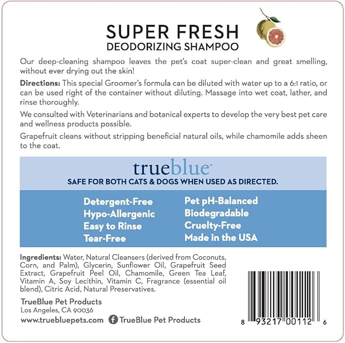 TrueBlue Grapefruit &amp; Chamomile Concentrated Deodorizing Dog Shampoo – Cleansing Wash, Moisturizing – Toxin Free, Natural Botanical Blend – Tearless – 1 Gallon