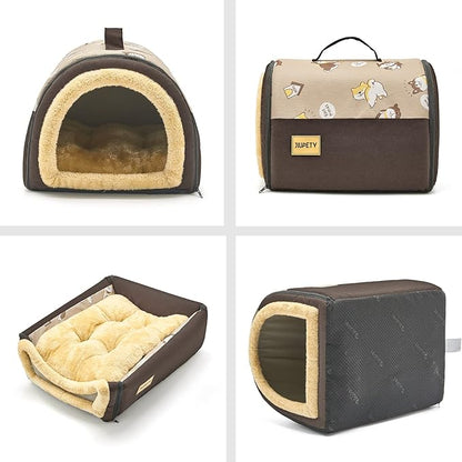 Jiupety Cozy Small Pet Dog House, 2 in 1 Puppy House, S Size for Cat and Puppy, Warm Cave Sleeping Nest for Cats and Dogs, S(15"×12"×11"), Up to 5.5 Lb, Brown