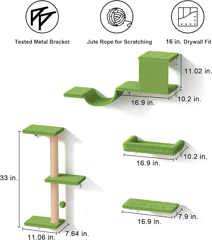 FUKUMARU Cat Wall Shelves, Stable &amp; Safe 4 in 1 Cat Furniture Set, Wooden Climbing Wall with Scratching Post, Bridge and Bed, Stylish Jungle Gym for 16 Inch Drywall - Green