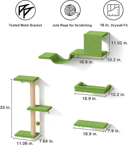 FUKUMARU Cat Wall Shelves, Stable &amp; Safe 4 in 1 Cat Furniture Set, Wooden Climbing Wall with Scratching Post, Bridge and Bed, Stylish Jungle Gym for 16 Inch Drywall - Green