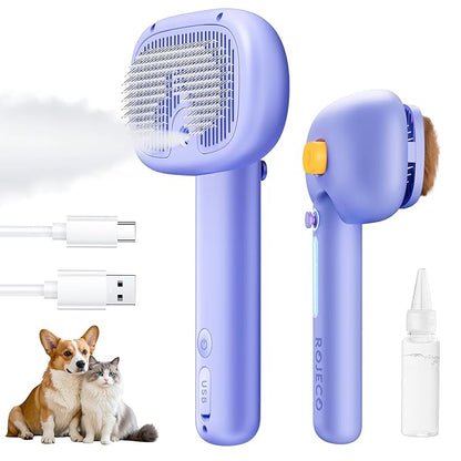 ROJECO 3-in-1 Pet Steam Brush for Cats&amp;Dogs - Detangling Comb with Adjustable Mist, Handheld Deshedding Grooming Tool for Long/Short Hair, Massage Brush &amp; Shedding Control Gift,Cordless,Purple