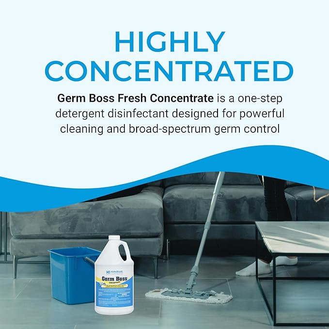 KINZUA ENVIRONMENTAL Germ Boss, Multipurpose Disinfectant Cleaner &amp; Deodorizer, Disinfectant Liquid Concentrate with Fresh Scent for Homes, Kennels, Institutional &amp; Industrial Strength, 1 Gal