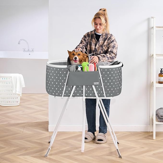 VEVOR Portable Dog Bathtub, Elevated &amp; Foldable Space-Saving Pet Shower Station with Efficient Drainage, Bathing Tub for Washing &amp; Grooming Small and Medium Size Dogs and Cats Indoor &amp; Outdoor, Grey