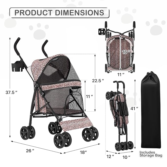MoNiBloom 4 Wheels Pet Stroller, Easy-Fold Umbrella Shaped Dog Cat Jogger Stroller w/Storage Bag &amp; Visible Mesh for Small/Medium Dogs Cats Leopard Print
