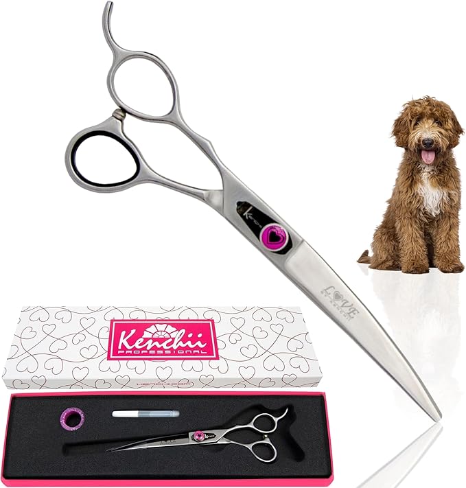 Kenchii Love Left Handed Dog Grooming Scissors, 7 Inch Curved Shears, Dog Scissors for Grooming, Professional Pet Grooming Scissors, Ergonomic &amp; Comfortable