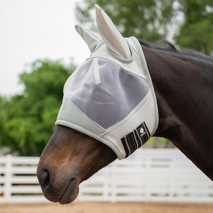 Equinavia Algard Soft Mesh Horse Fly Mask with Ear Protection and 45 UPF Rating | No Eye Irritation &amp; UV Protection - Silver - Pony
