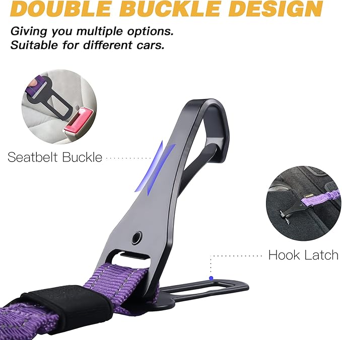 AUBELL Dog Seat Belt for Car,2 Pack Set 3-in-1 Adjustable Reflective Bungee Heavy Duty Dog Car Harness Tether with Clip Hook Latch &amp; Buckle,Swivel Zinc Alloy Carabiner,Black+Purple