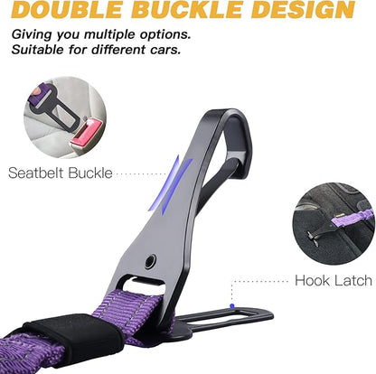 AUBELL Dog Seat Belt for Car,2 Pack Set 3-in-1 Adjustable Reflective Bungee Heavy Duty Dog Car Harness Tether with Clip Hook Latch &amp; Buckle,Swivel Zinc Alloy Carabiner,Black+Purple