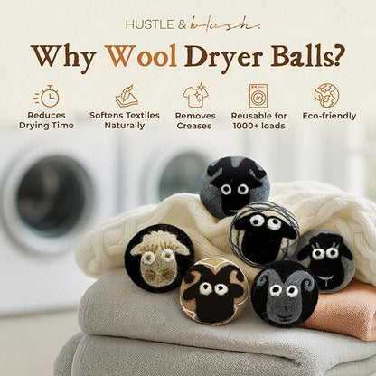 Fluff Ewes Wool Dryer Balls 6 Pack Premium New Zealand Wool Laundry Balls for Dryer, No Static Dryer Balls Laundry Reusable, XL Wool Dryer Balls Cute, Baby Dryer Balls for Dryers - Classic