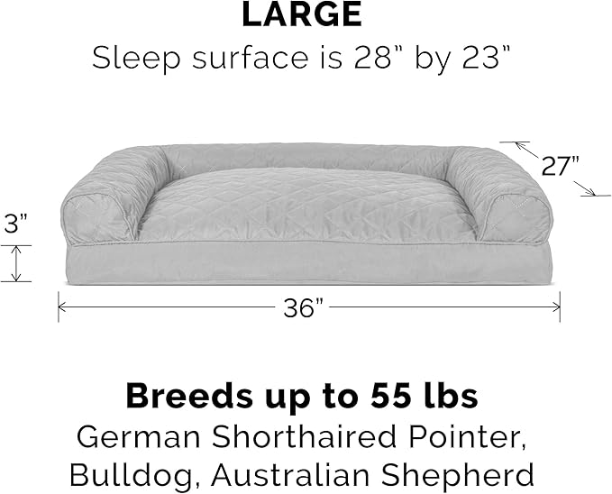Furhaven Pillow Dog Bed for Large/Medium Dogs w/ Removable Bolsters &amp; Washable Cover - Quilted Sofa - Silver Gray, Large