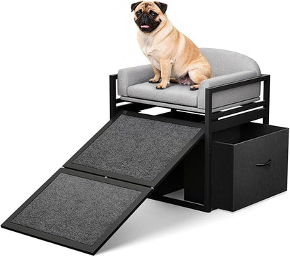 Pet Stairs Ramp Doggie Stairs with Seat &amp; Storage Drawers,Extra Wide Seat Mate Chair Puppy for High Bed Couch Office,Non Slip Dachshunds,Step for Small Dogs,Cat Ladder Grey(Hold Up to 100 lbs)