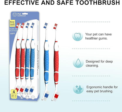 Leoezx™ Professional Pet Toothbrush(4Pcs), Dog &amp; Cat Soft Bristle Double-Sided Brush Head Set, Pet Brushing Teeth to Clean Teeth to Reduce Tartar Buildup, Pet Dental Care Essentials