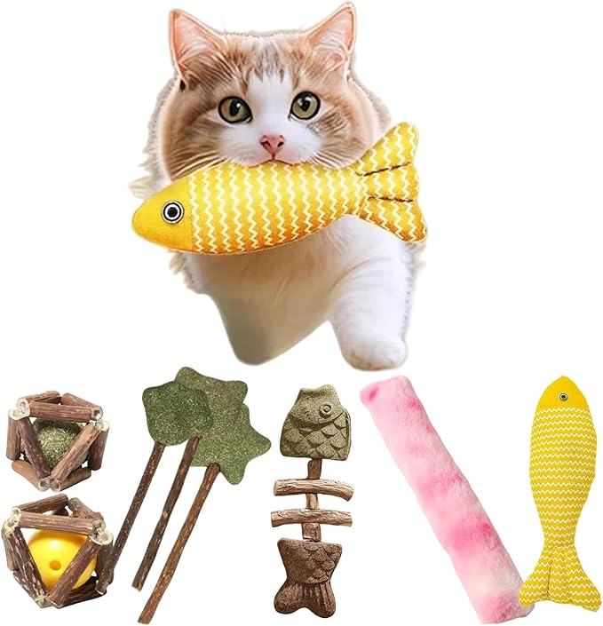 Natural Cat Toys Set with Catnip Fish &amp; Bone,Catnip Plush Toy &amp; Natural Silvervine Stick Cage Balls &amp; cat nip for Cats Lolipop, 8-Piece cat Toys for Indoor Cats Interactive Pet Toys