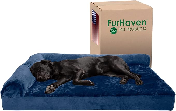 Furhaven Cooling Gel Dog Bed for Large Dogs w/ Removable Bolsters &amp; Washable Cover, For Dogs Up to 125 lbs - Plush &amp; Velvet L Shaped Chaise - Deep Sapphire, Jumbo Plus/XXL