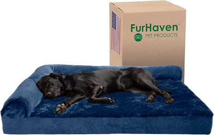 Furhaven Cooling Gel Dog Bed for Large Dogs w/ Removable Bolsters &amp; Washable Cover, For Dogs Up to 125 lbs - Plush &amp; Velvet L Shaped Chaise - Deep Sapphire, Jumbo Plus/XXL