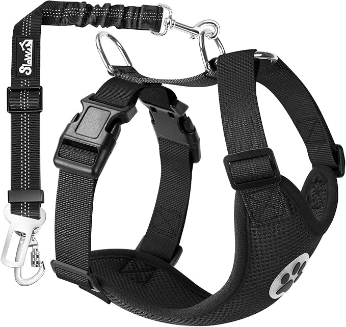SlowTon Dog Seat Belt Harness for Car, Dog Car Harness Adjustable Mesh Breathable &amp; Dog Seatbelt Safety Tether with Elastic Bungee for Small Medium Large Pets(Black, Double Clip, M)