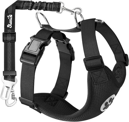 SlowTon Dog Seat Belt Harness for Car, Dog Car Harness Adjustable Mesh Breathable &amp; Dog Seatbelt Safety Tether with Elastic Bungee for Small Medium Large Pets(Black, Double Clip, M)