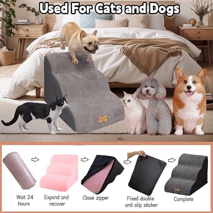 3-Step Dog Stairs for High Beds &amp; Couches Multi-Step Non-Slip Pet Steps with Balanced Ramp Indoor 2 3 4 5 Step Stairs for Small to Large Dogs and Cats Non-Slip Stickers 30D Grey