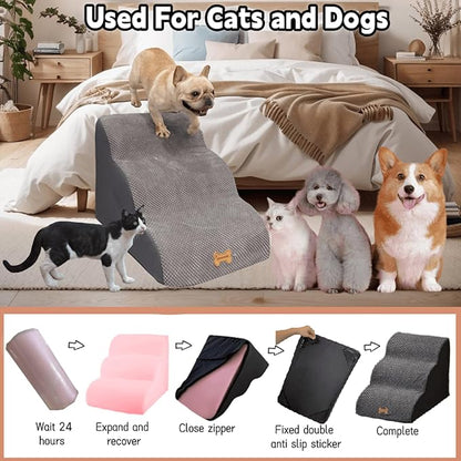 3-Step Dog Stairs for High Beds &amp; Couches Multi-Step Non-Slip Pet Steps with Balanced Ramp Indoor 2 3 4 5 Step Stairs for Small to Large Dogs and Cats Non-Slip Stickers 30D Grey