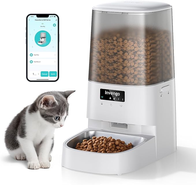 Cat Feeder Automatic - Cat Food Dispenser MeowServe S20, Auto Dog Feeder with Stainless Steel Bowl, 5L Pet Feeder with Patented Anti-Jam Port, App, Dual Lock Lid, Dual-Band WiFi &amp; Power, White