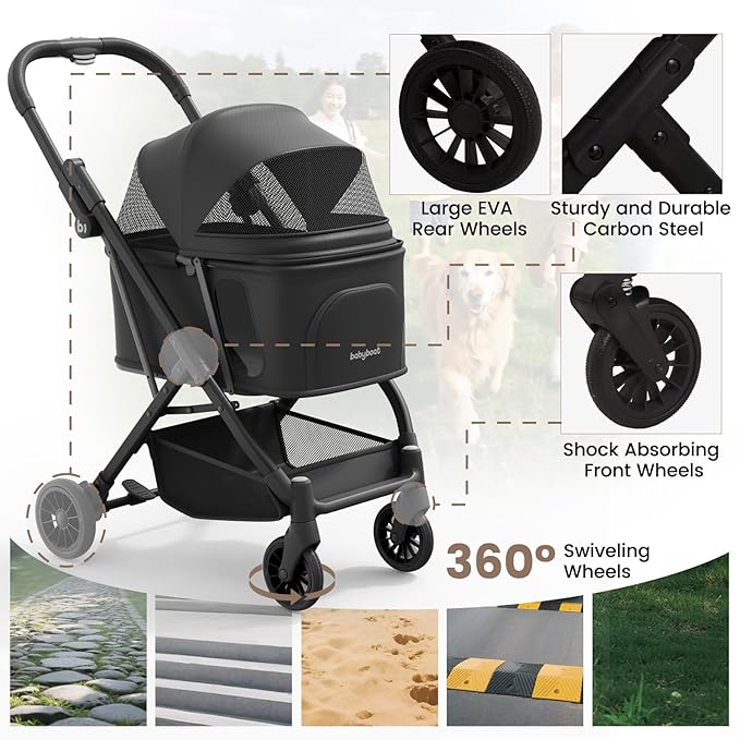 Lightweight Dog Stroller for Small Dogs &amp; Cats Portable Compact Folded Pet Stroller Up to 35lbs Medium Pets One Click Folding Large Cat Carriage with Convertible Canopy Storage Basket-Black