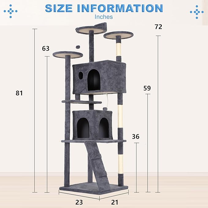 FDW Cat Tree Tower 81in Multi-Level Durable Cat Scratching Post &amp; Cozy Fun Jumping Platform Space Saving Condo Pet Play House for Indoor Cats,Dark Gray