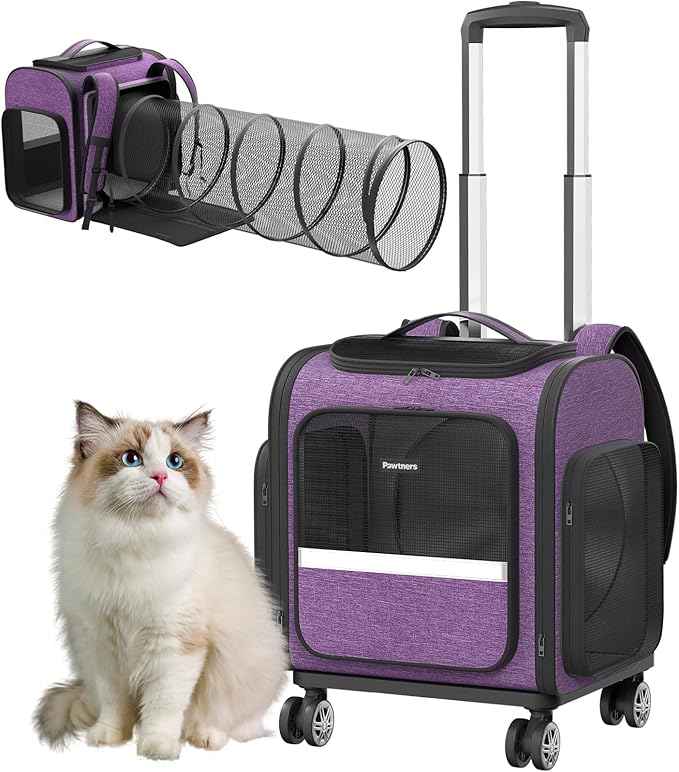 Rolling Cat Carrier with Wheels Dog Carrier for Small Dogs &amp; Medium Cats, Expandable Pet Carrier on Wheels with Cat Play Tunnel, Large Capacity, Breathable Mesh, Side Pocket, Purple