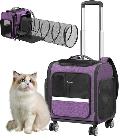 Rolling Cat Carrier with Wheels Dog Carrier for Small Dogs &amp; Medium Cats, Expandable Pet Carrier on Wheels with Cat Play Tunnel, Large Capacity, Breathable Mesh, Side Pocket, Purple