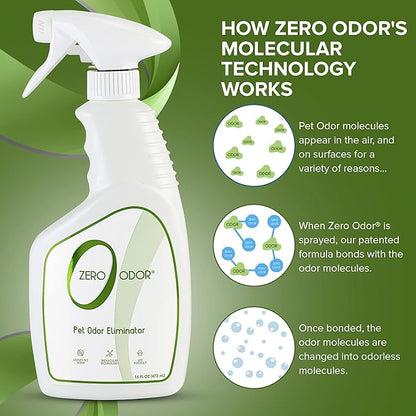 Zero Odor - Pet Odor Eliminator for Strong Odor, Eliminate Air &amp; Surface Odors – Patented Molecular Technology Best For Carpet, Furniture, Beds Smell Great Again (Over 400 Sprays Per Bottle)