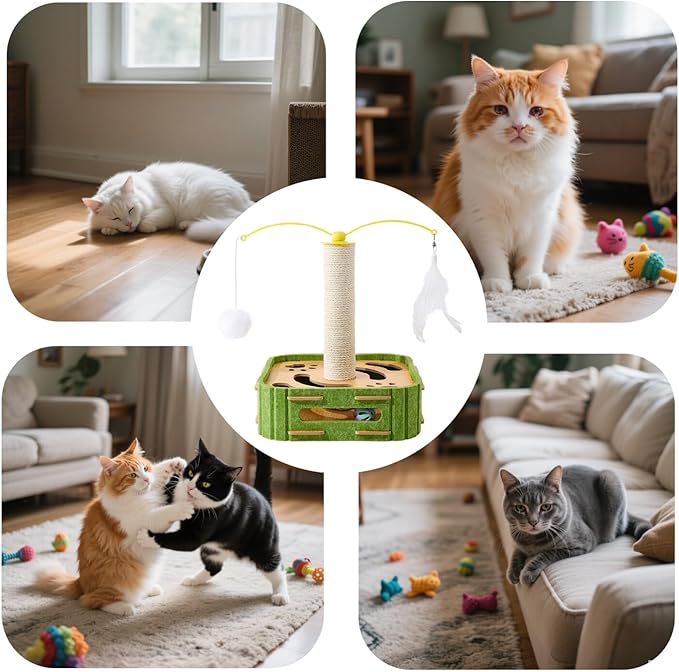 Interactive Cat Puzzle Toy - Scratching Post with Spinning Balls &amp; Feathers for Indoor Cats, Satisfies Hunting Instinct, Self-Play Mental Stimulation Game with Rolling Track