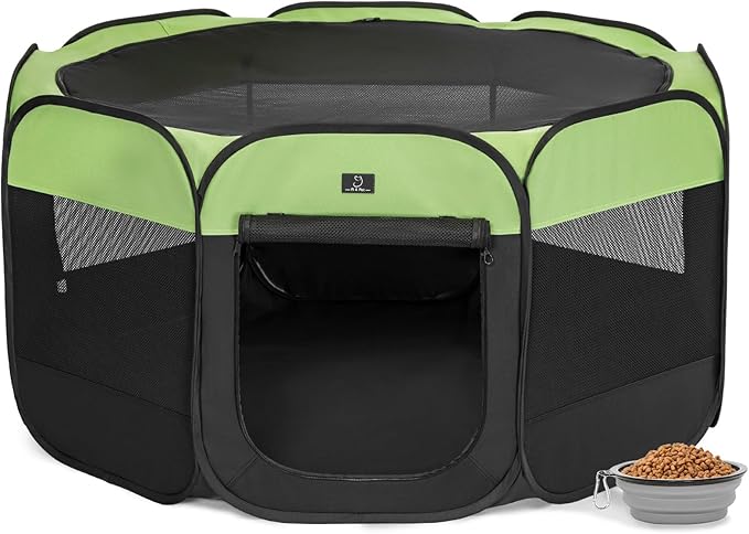 A4Pet Portable Pet Playpen, 49” Pop Up Dog Playpen with Bowl, Suitable for Puppies, Kittens, and Small Animals, Removable Zipper &amp; Mesh Panel(19”W × 12”H)