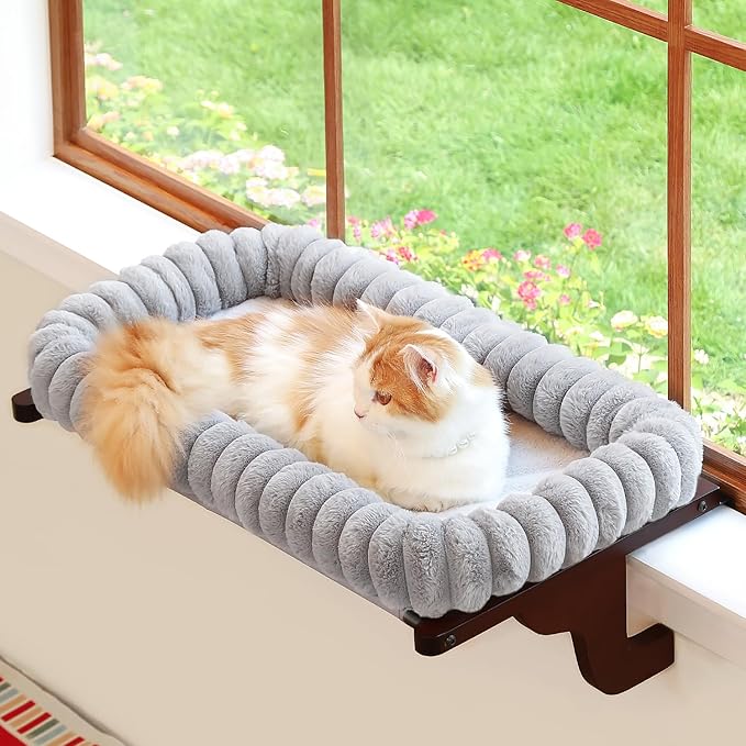 SnugCloud Cat Window Perch with 4-Sided Bolster - Orthopedic Cat Hammock for Window Sill - Solid Hardwood &amp; Metal Frame - Window Seat for Pets (Dark Stained Wood w/Gray Bed, Medium)