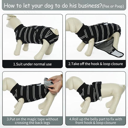 Kuoser Dog Surgery Recovery Suit for Female Male Dogs, Stripes Spay Neuter Anti-Licking Dog Onesie, Surgical Suit Snugly Pet Post Surgery Vest Bodysuit for Abdominal Wounds Skin Disease, Black XS