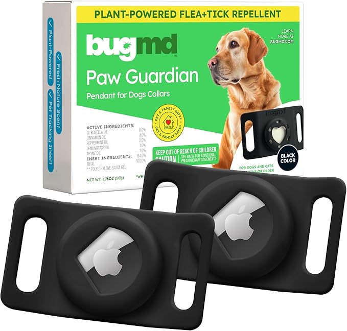 BugMD Paw Guardian Flea &amp; Tick Pendant (2-Pack) with AirTag Holder – Plant-Based Flea &amp; Tick Prevention for Dogs – Pet Collar Tag &amp; GPS Tracker Holder for Dogs – Black