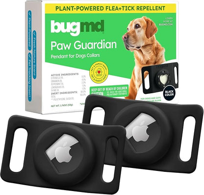 BugMD Paw Guardian Flea &amp; Tick Pendant (2-Pack) with AirTag Holder – Plant-Based Flea &amp; Tick Prevention for Dogs – Pet Collar Tag &amp; GPS Tracker Holder for Dogs – Black