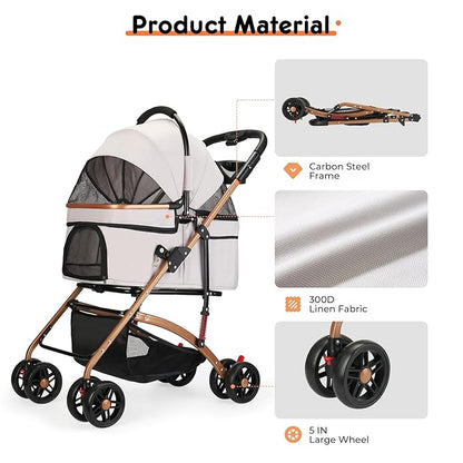 3-in-1 Foldable Pet Stroller for Medium Dogs &amp; Cats (50lbs) - Detachable Carrier, Car Seat, Storage Basket, 5" Lockable Wheels