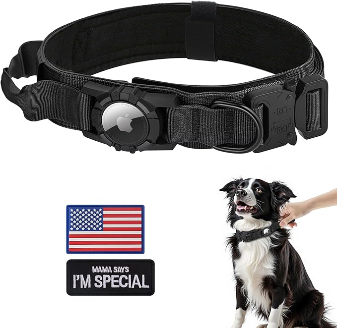 Waterproof Tactical Dog Collar with AirTag Holder - Heavy Duty Adjustable Collar for Medium to Large Dogs, Control Handle &amp; Apple AirTag Compatible [Black,