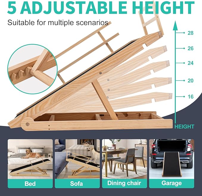 Dog Ramp, 5 Level Adjustable Height Folding Pet Ramp for High Bed, Portable Paw Ramps Large Bed Ramp for Medium &amp; Large Old Dogs &amp; Cats - Natural Wood Furniture Quality